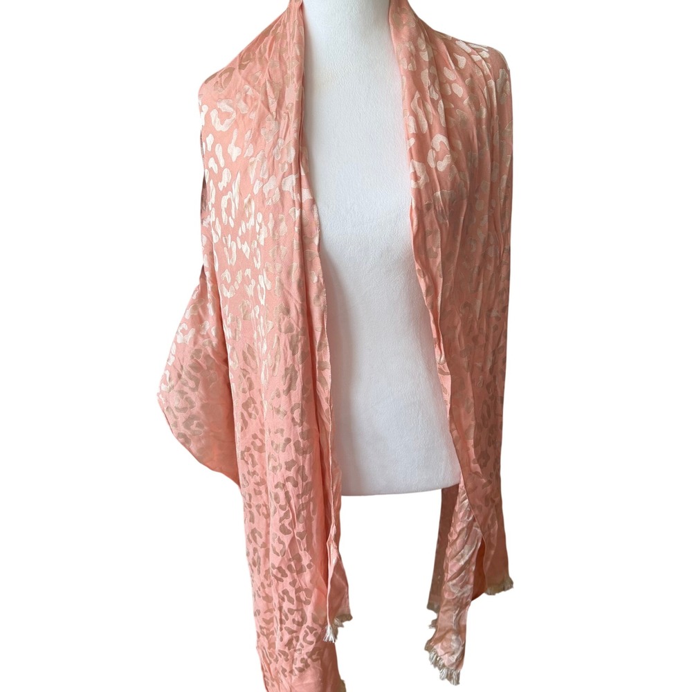 Reiss Mindy Peach Pink Leopard Jacquard Scarf Made in Italy‎ Fringe Wrap